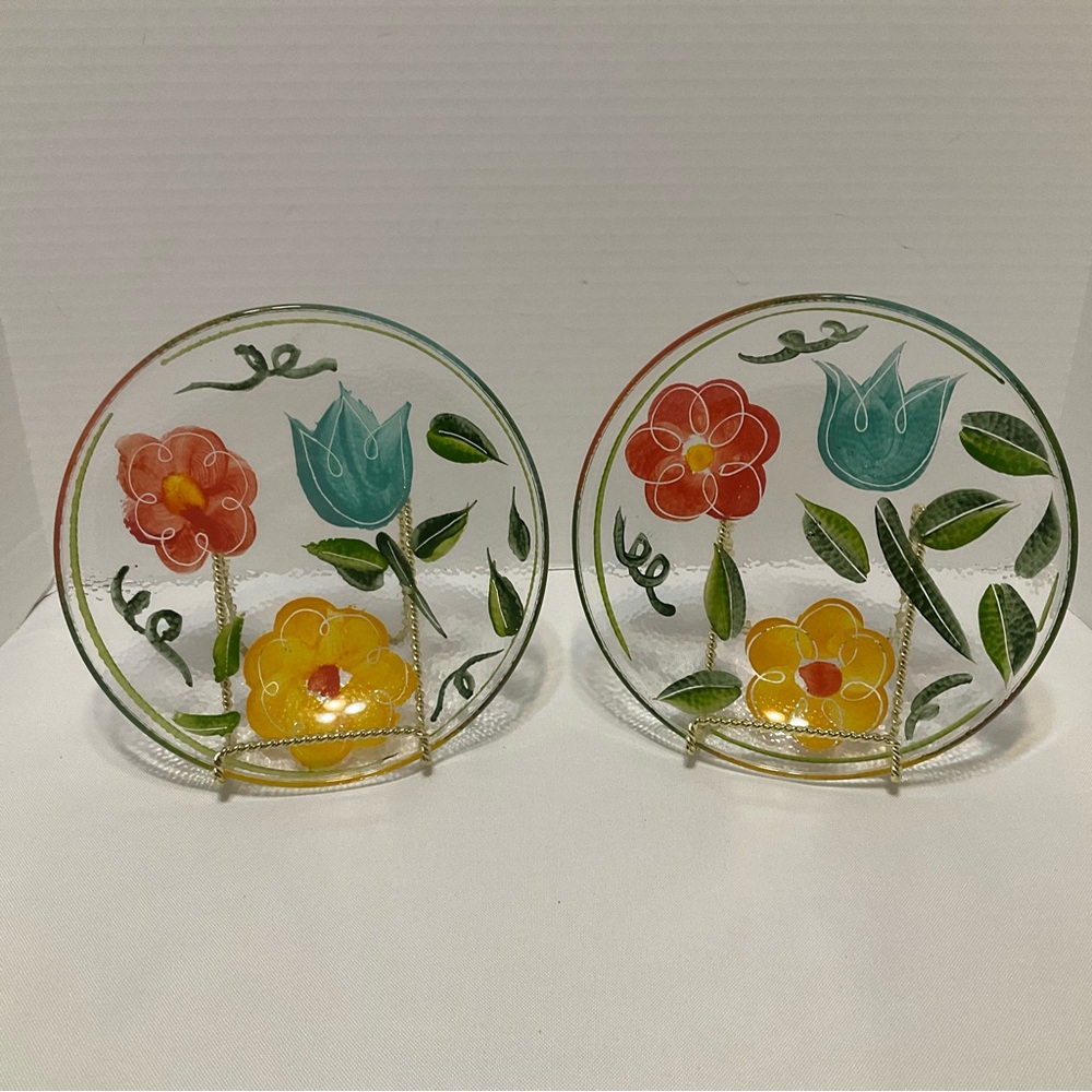 Vintage Reverse Hand-Painted Flowers Textured Glass Plate‎ Made in Italy 8 Inch